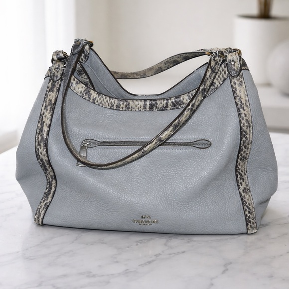Coach Handbags - Coach Pebbled Leather Gray Hobo Shoulder Bag with Exotic Snakeskin-Embossed Trim